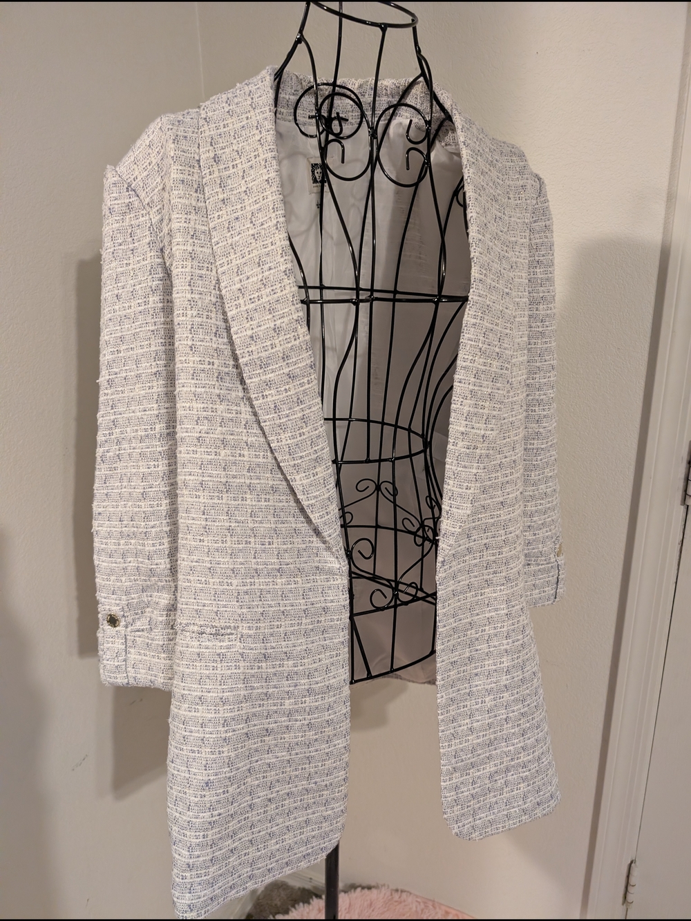 Anne Klein White and Light Gray Tweed Open-Front Blazer